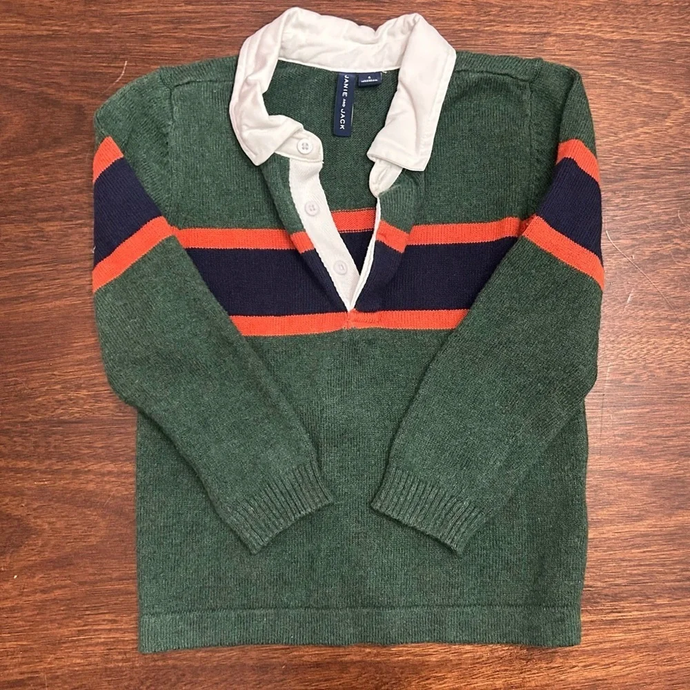 Janie and Jack Green Sweater with Orange and Navy Stripes